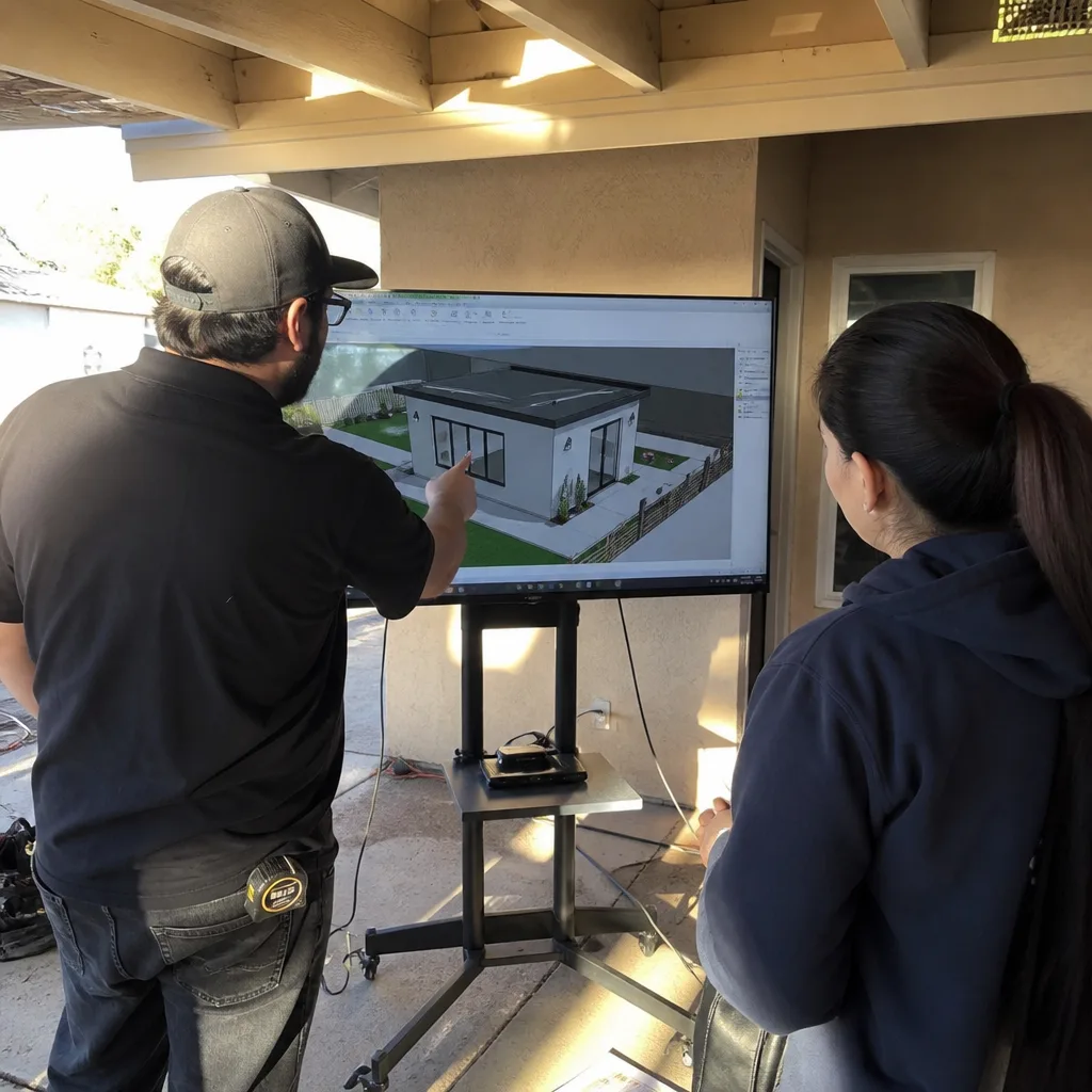 Professional designer discussing an ADU project with a client on screen
