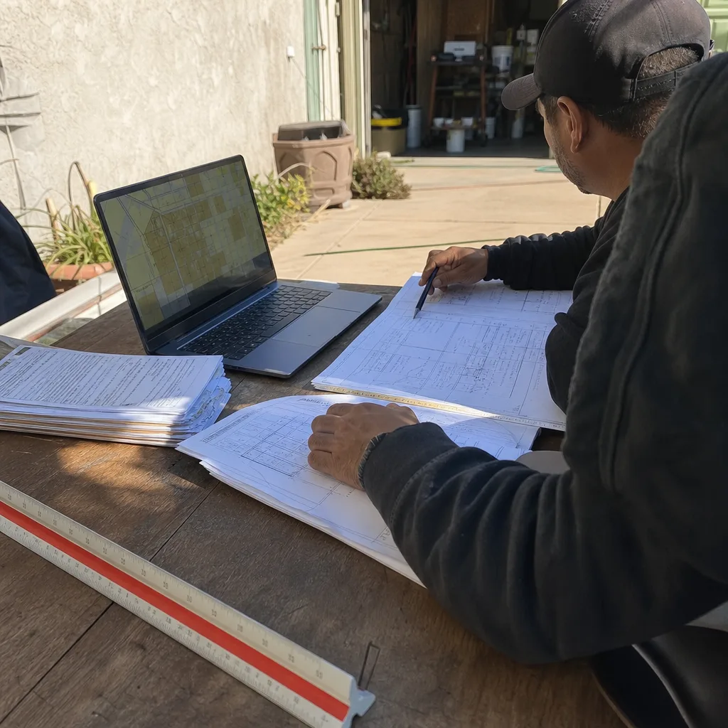 Professional reviewing ADU design blueprints and permitting documents