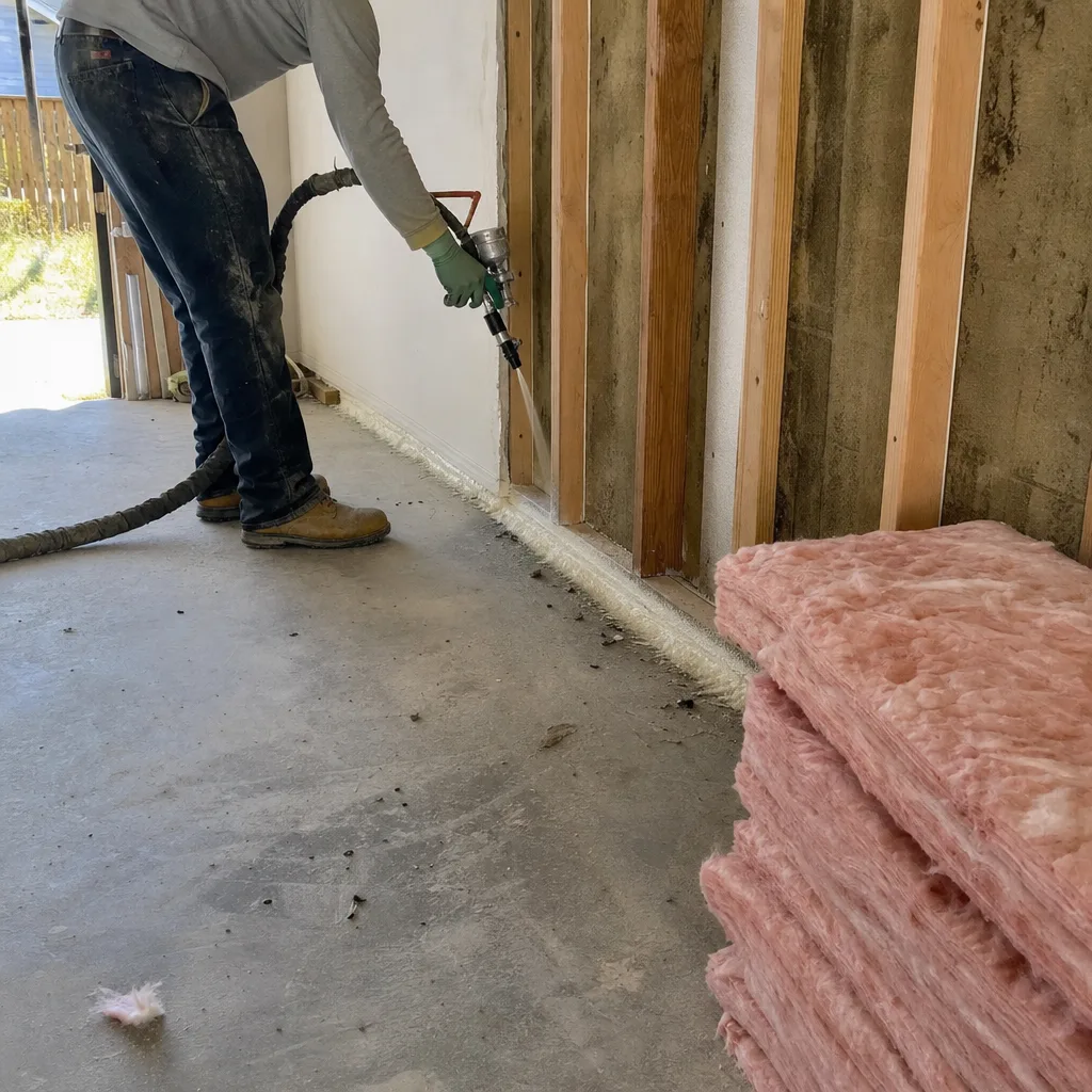 Worker applying spray foam insulation for professional garage conversion ADU