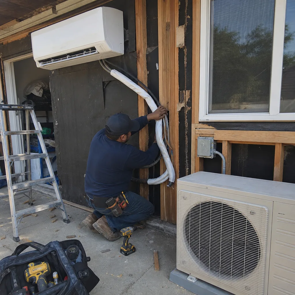 Technician installing mini-split HVAC system for garage conversion ADU